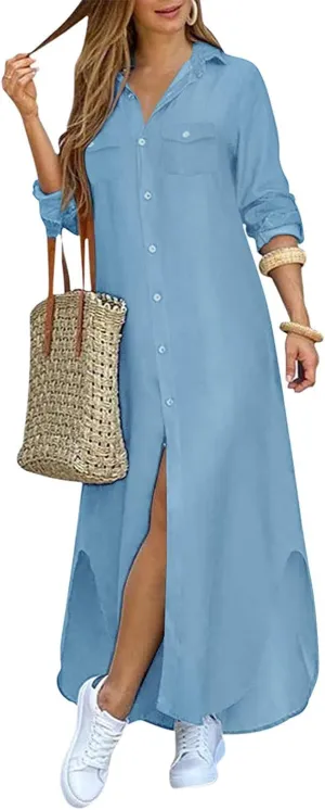 Kuraki Women's Casual Print Button Front Maxi Shirt Dress