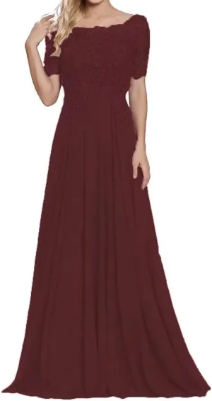 Lace Appliques Mother of The Bride Dresses Chiffon Long Formal Evening Dress Short Sleeves Dresses for Women