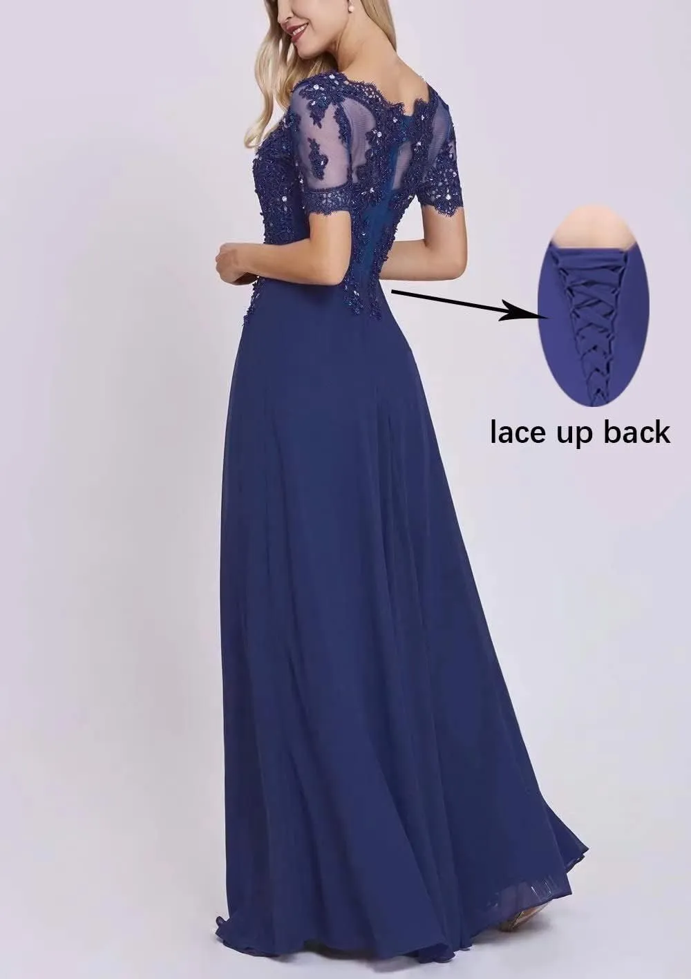 Lace Appliques Mother of The Bride Dresses Chiffon Long Formal Evening Dress Short Sleeves Dresses for Women