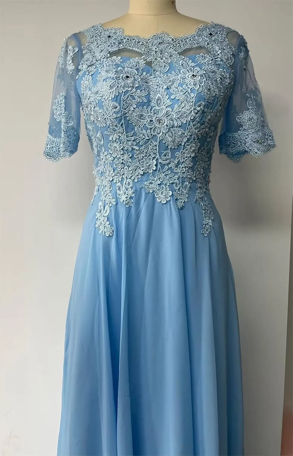 Lace Appliques Mother of The Bride Dresses Chiffon Long Formal Evening Dress Short Sleeves Dresses for Women
