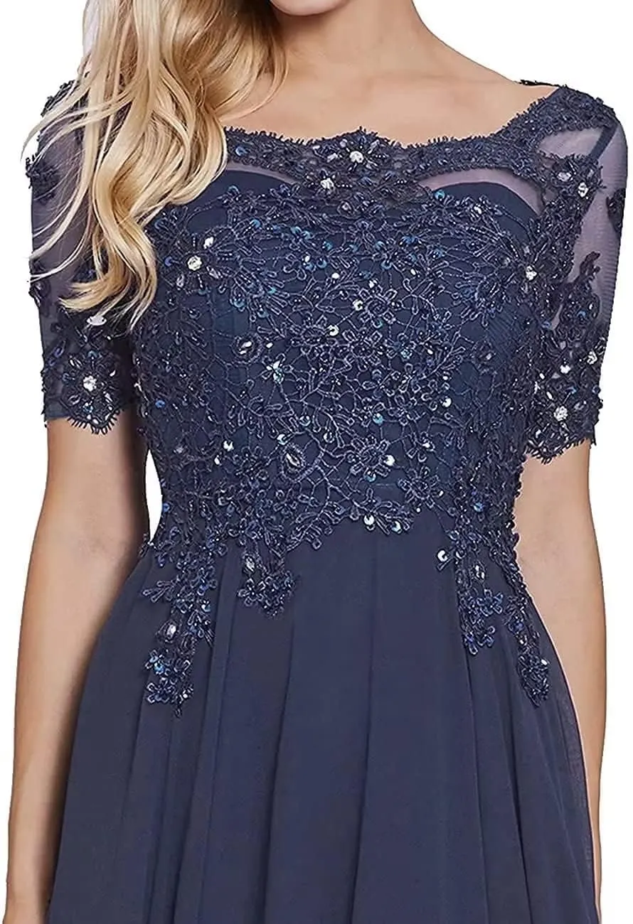 Lace Appliques Mother of The Bride Dresses Chiffon Long Formal Evening Dress Short Sleeves Dresses for Women