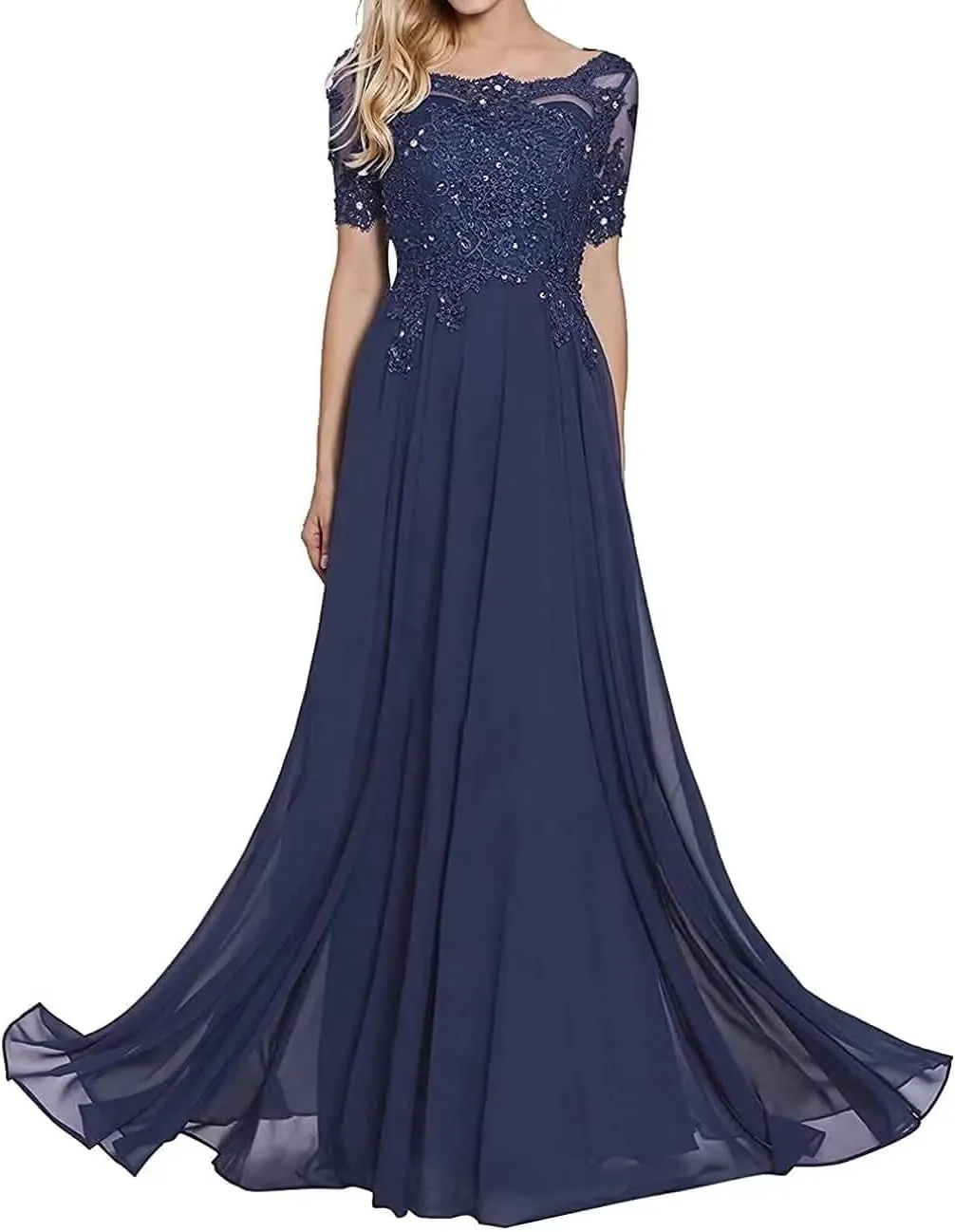 Lace Appliques Mother of The Bride Dresses Chiffon Long Formal Evening Dress Short Sleeves Dresses for Women