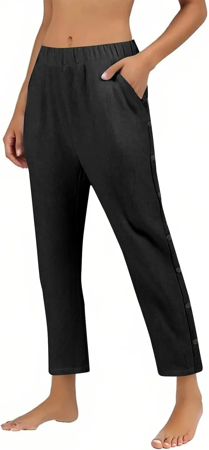 Linen Pants for Women 2025 Trendy High Waisted Wide Leg Trousers Striped Side Button Elastic Waist Summer Gauze Pants