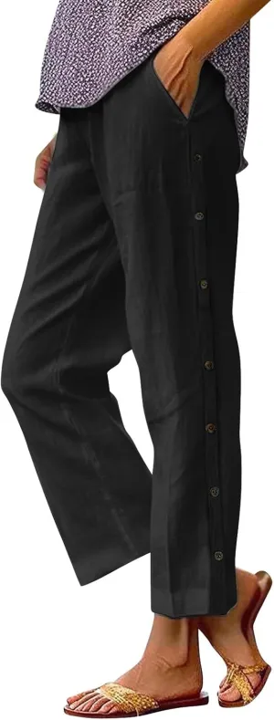 Linen Pants for Women 2025 Trendy High Waisted Wide Leg Trousers Striped Side Button Elastic Waist Summer Gauze Pants