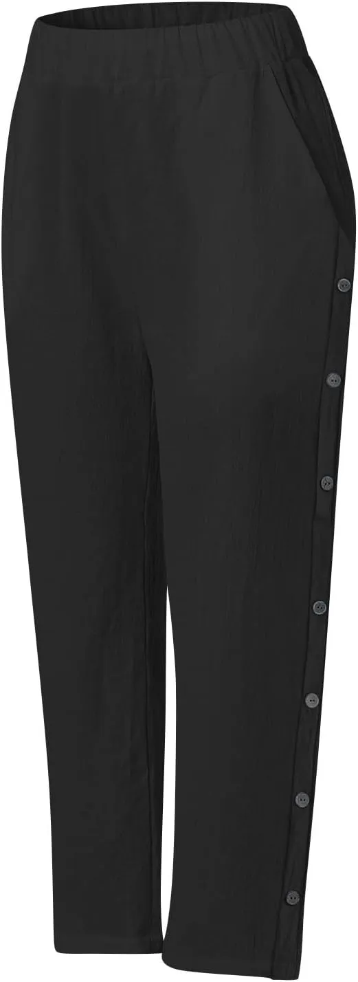Linen Pants for Women 2025 Trendy High Waisted Wide Leg Trousers Striped Side Button Elastic Waist Summer Gauze Pants