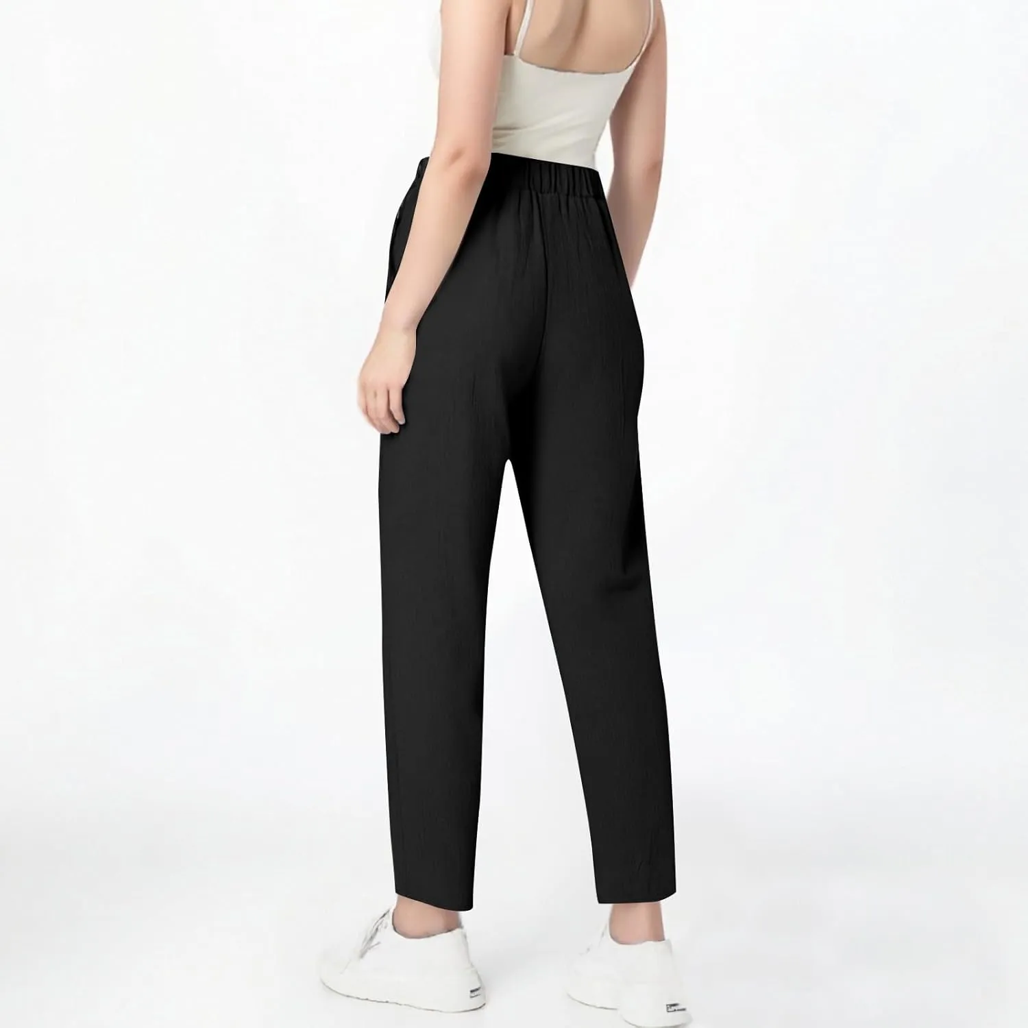 Linen Pants for Women 2025 Trendy High Waisted Wide Leg Trousers Striped Side Button Elastic Waist Summer Gauze Pants