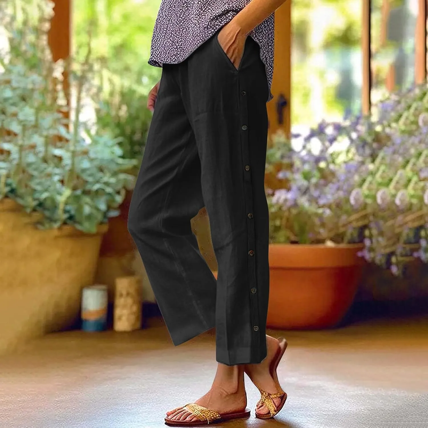 Linen Pants for Women 2025 Trendy High Waisted Wide Leg Trousers Striped Side Button Elastic Waist Summer Gauze Pants