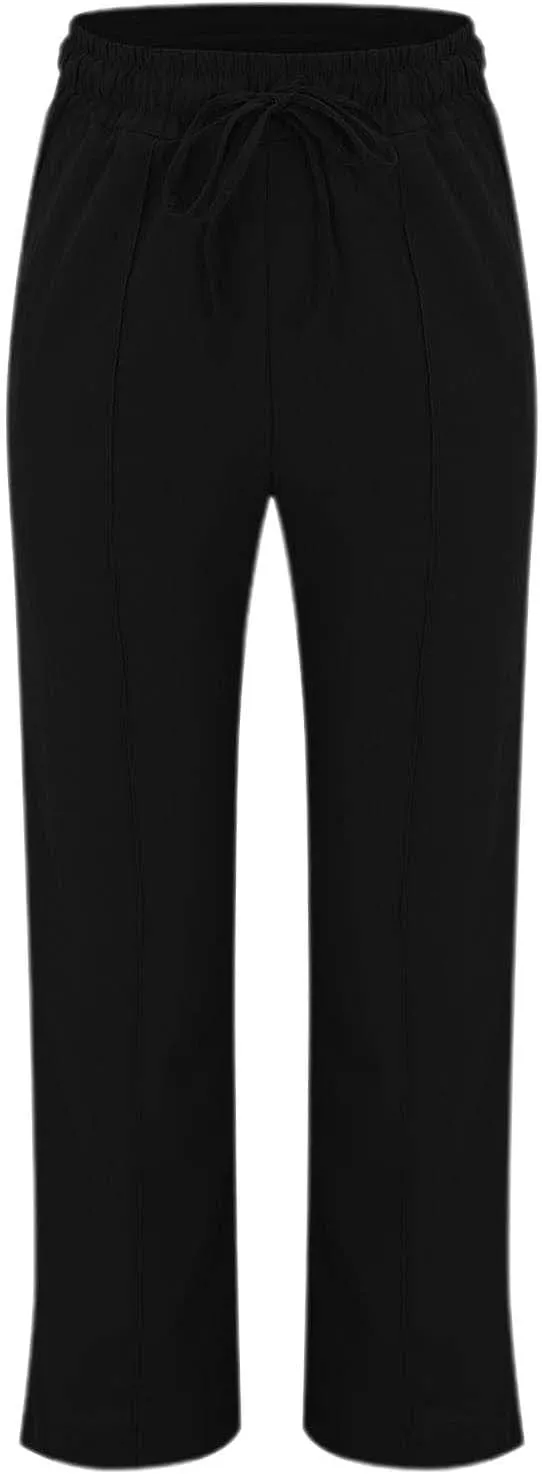 Linen Pants Women Summer Drawstring High Waist Straight Leg Pants Casual Dressy Work Pants Vacation Beach Trousers Pockets