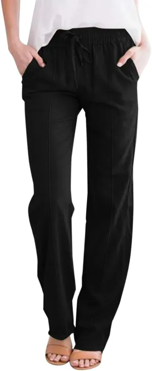 Linen Pants Women Summer Drawstring High Waist Straight Leg Pants Casual Dressy Work Pants Vacation Beach Trousers Pockets