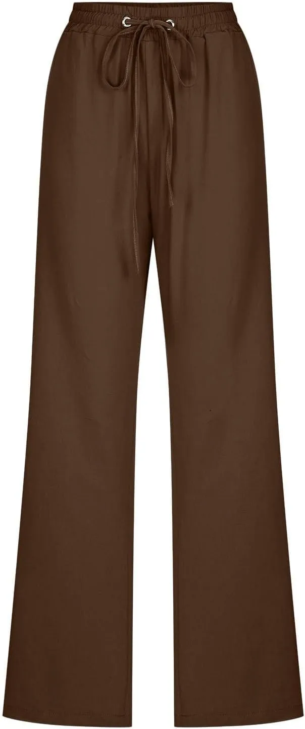 Lmdudan 2025 Cotton Linen Pants Women Straight Leg Drawstring Elastic Hight Waist Trousers with Pockets Loose Palazzo Pants