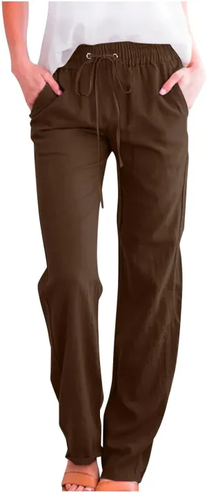 Lmdudan 2025 Cotton Linen Pants Women Straight Leg Drawstring Elastic Hight Waist Trousers with Pockets Loose Palazzo Pants