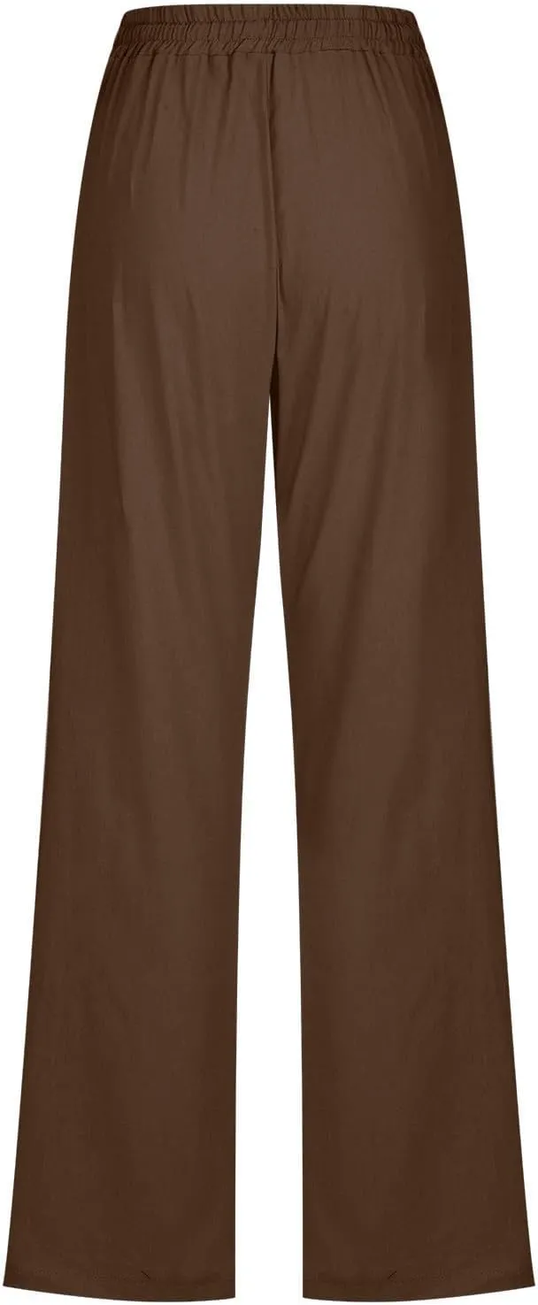 Lmdudan 2025 Cotton Linen Pants Women Straight Leg Drawstring Elastic Hight Waist Trousers with Pockets Loose Palazzo Pants