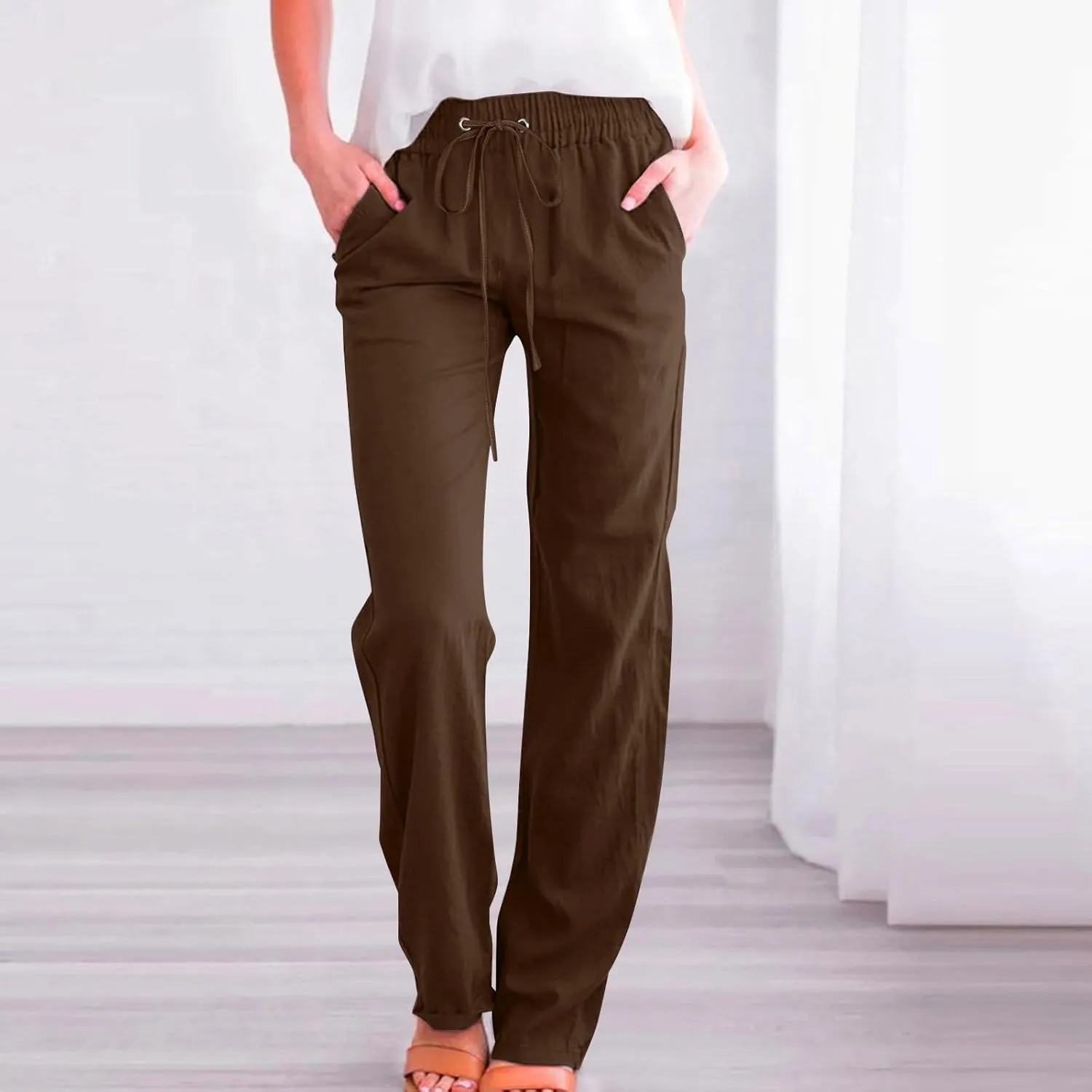 Lmdudan 2025 Cotton Linen Pants Women Straight Leg Drawstring Elastic Hight Waist Trousers with Pockets Loose Palazzo Pants
