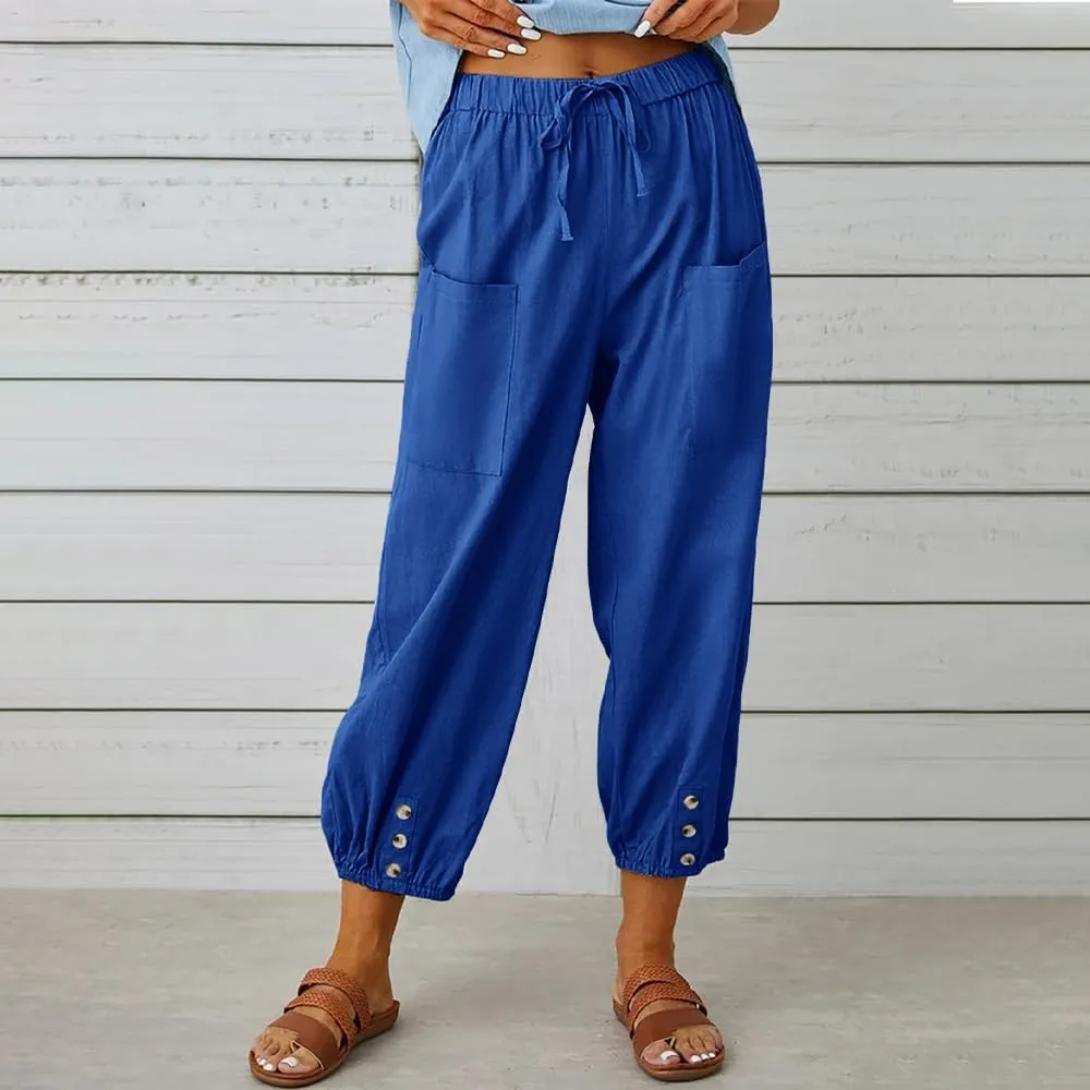 LOAIHA Linen Capri Pants for Women Casual High Waist Drawstring Elastic Button Bottom Boho Floral Loose Trouser with Pockets