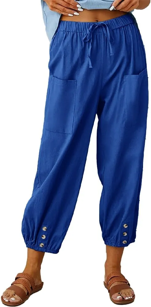 LOAIHA Linen Capri Pants for Women Casual High Waist Drawstring Elastic Button Bottom Boho Floral Loose Trouser with Pockets