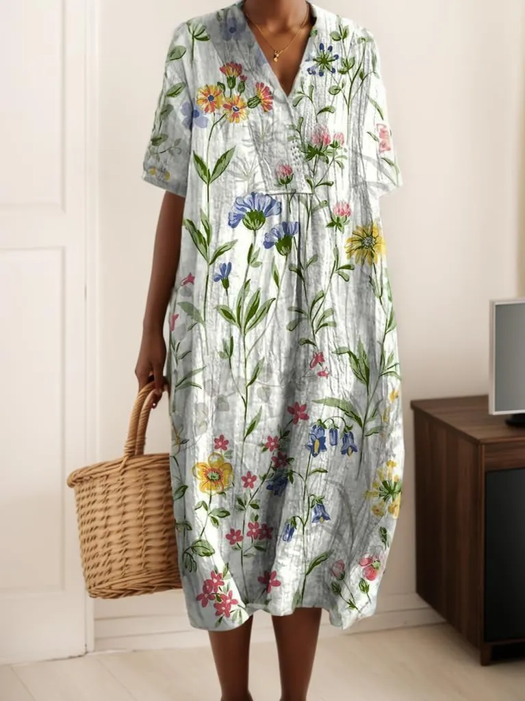 LOAIHA Womens Flowy Oversized Baggy Boho Floral V Neck Midi Dresses Summer Casual Loose Long Dress with Pockets