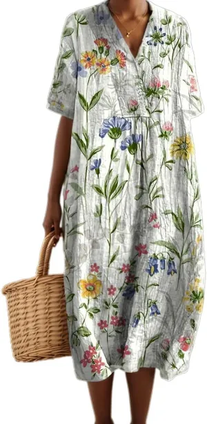 LOAIHA Womens Flowy Oversized Baggy Boho Floral V Neck Midi Dresses Summer Casual Loose Long Dress with Pockets