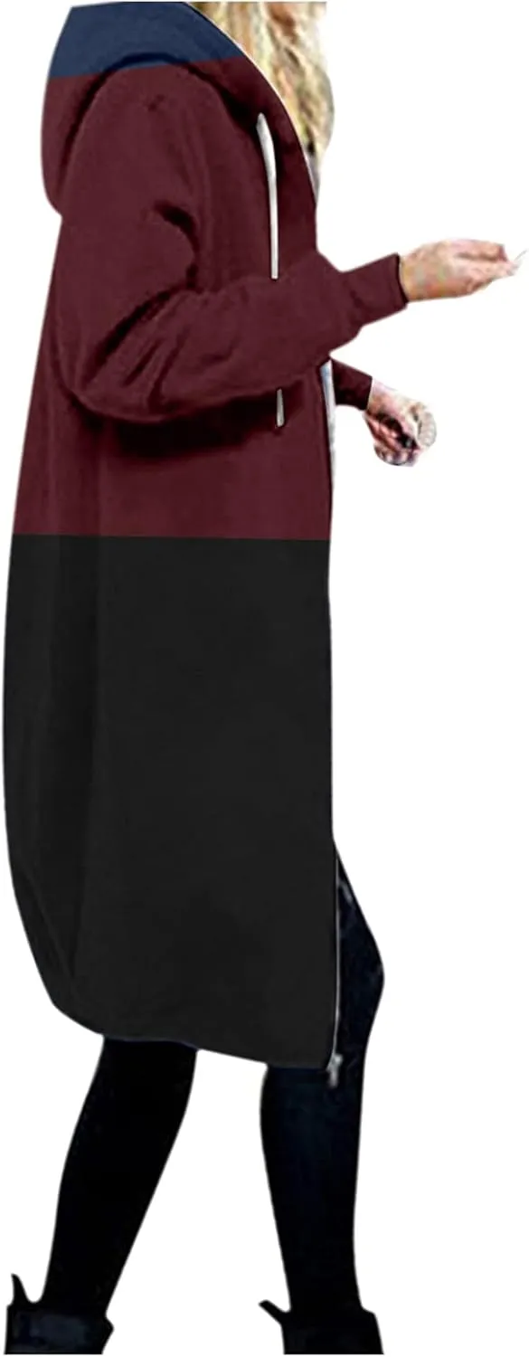 Long Hoodie for Women 2024 Casual Zip Up Drawstring Fleece Sweatshirt Oversized Jackets Coat Lightweight Fall Clothes