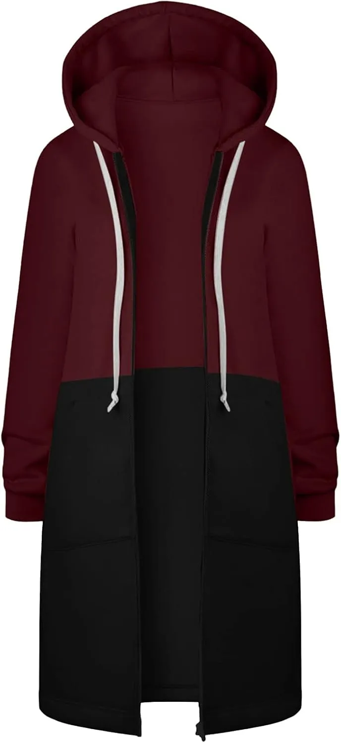 Long Hoodie for Women 2024 Casual Zip Up Drawstring Fleece Sweatshirt Oversized Jackets Coat Lightweight Fall Clothes