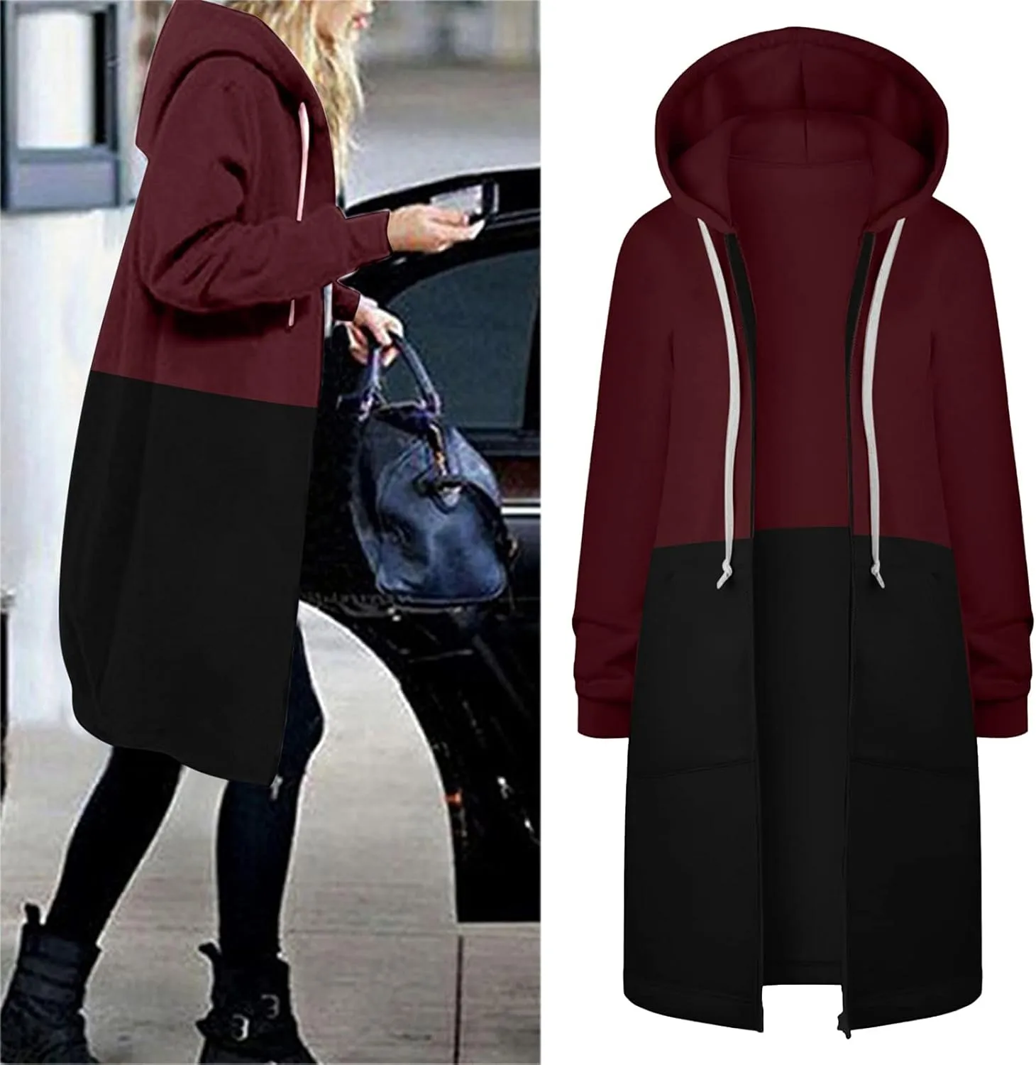 Long Hoodie for Women 2024 Casual Zip Up Drawstring Fleece Sweatshirt Oversized Jackets Coat Lightweight Fall Clothes