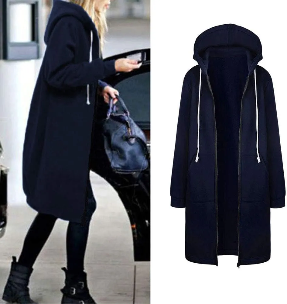 Long Hoodie for Women 2024 Casual Zip Up Drawstring Fleece Sweatshirt Oversized Jackets Coat Lightweight Fall Clothes