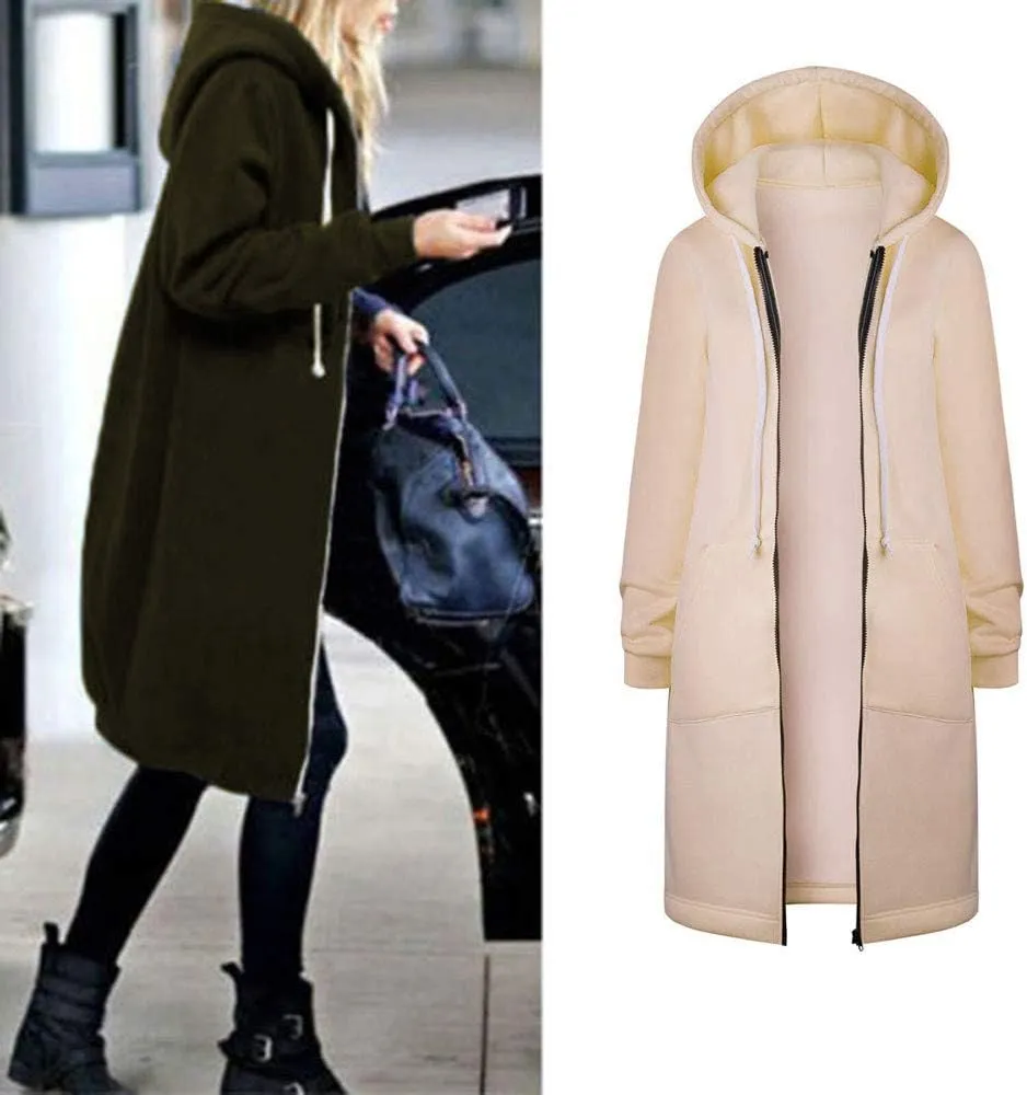 Long Hoodie for Women 2024 Casual Zip Up Drawstring Fleece Sweatshirt Oversized Jackets Coat Lightweight Fall Clothes