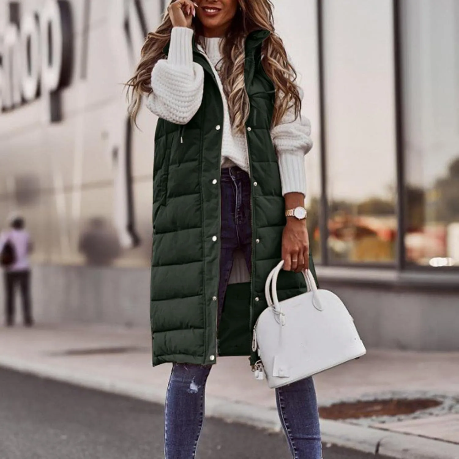 Long Puffer Vest for Women Sleveless Hoodies Quilted Vest Oversized Outdoor Puffer Down Coats Thickened Warm Jackets