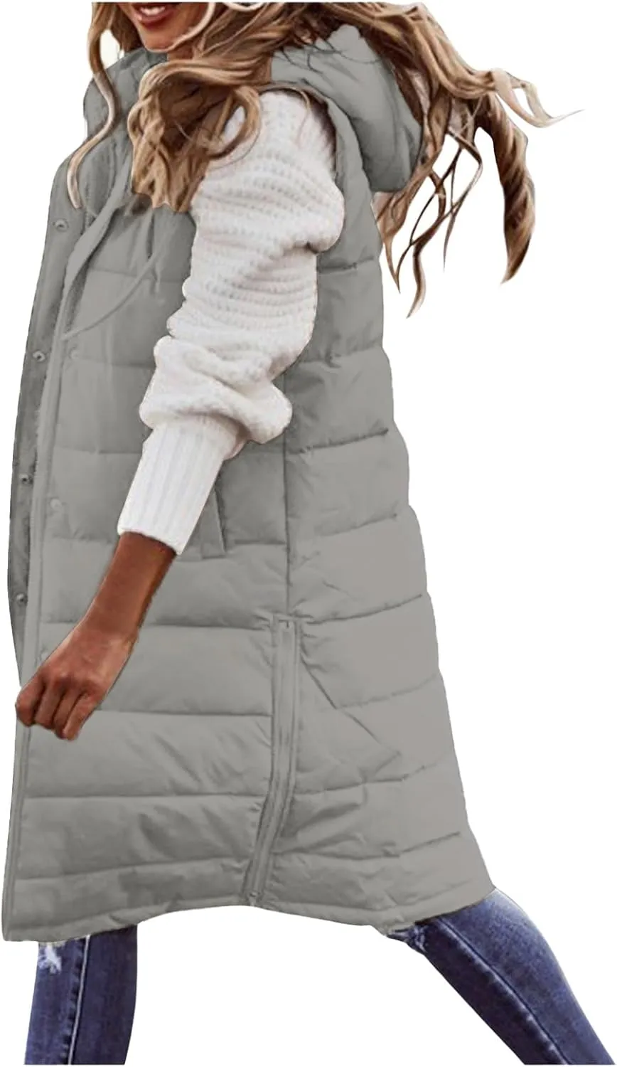 Long Puffer Vest for Women Sleveless Hoodies Quilted Vest Oversized Outdoor Puffer Down Coats Thickened Warm Jackets