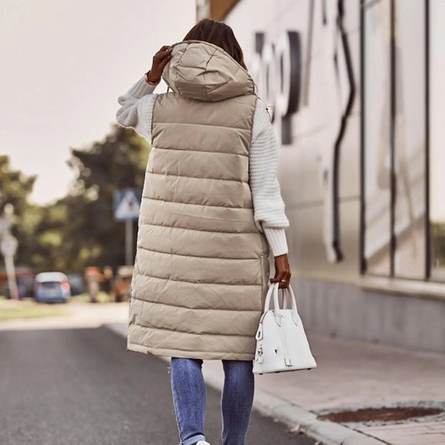 Long Puffer Vest for Women Sleveless Hoodies Quilted Vest Oversized Outdoor Puffer Down Coats Thickened Warm Jackets