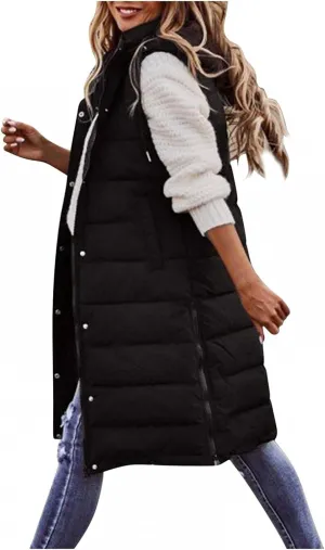 Long Puffer Vest for Women Sleveless Hoodies Quilted Vest Oversized Outdoor Puffer Down Coats Thickened Warm Jackets