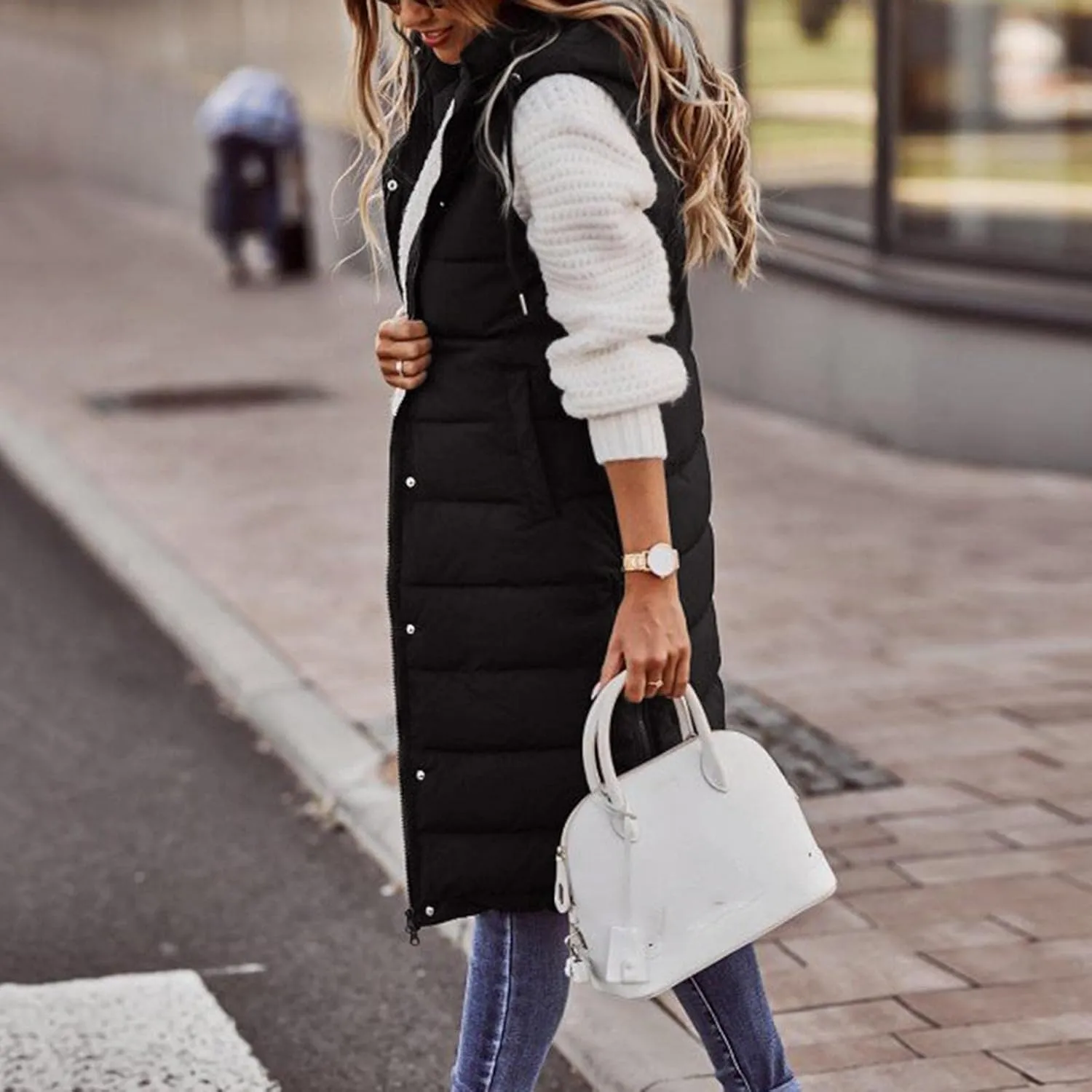Long Puffer Vest for Women Sleveless Hoodies Quilted Vest Oversized Outdoor Puffer Down Coats Thickened Warm Jackets