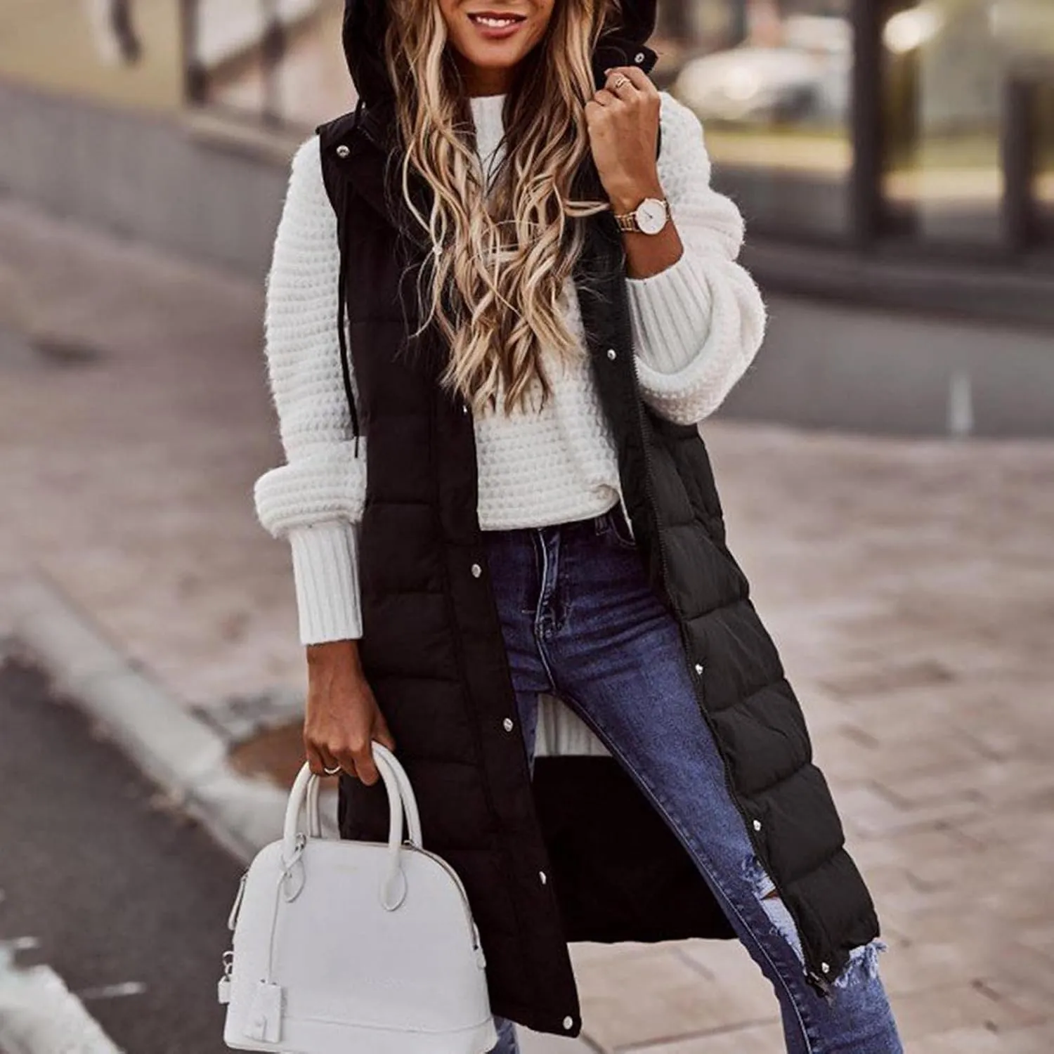Long Puffer Vest for Women Sleveless Hoodies Quilted Vest Oversized Outdoor Puffer Down Coats Thickened Warm Jackets