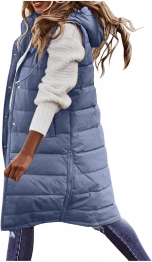 Long Puffer Vest for Women Sleveless Hoodies Quilted Vest Oversized Outdoor Puffer Down Coats Thickened Warm Jackets