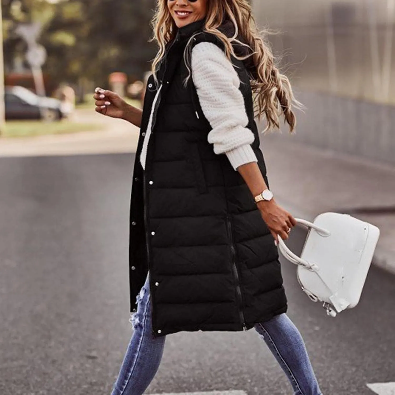 Long Puffer Vest for Women Sleveless Hoodies Quilted Vest Oversized Outdoor Puffer Down Coats Thickened Warm Jackets