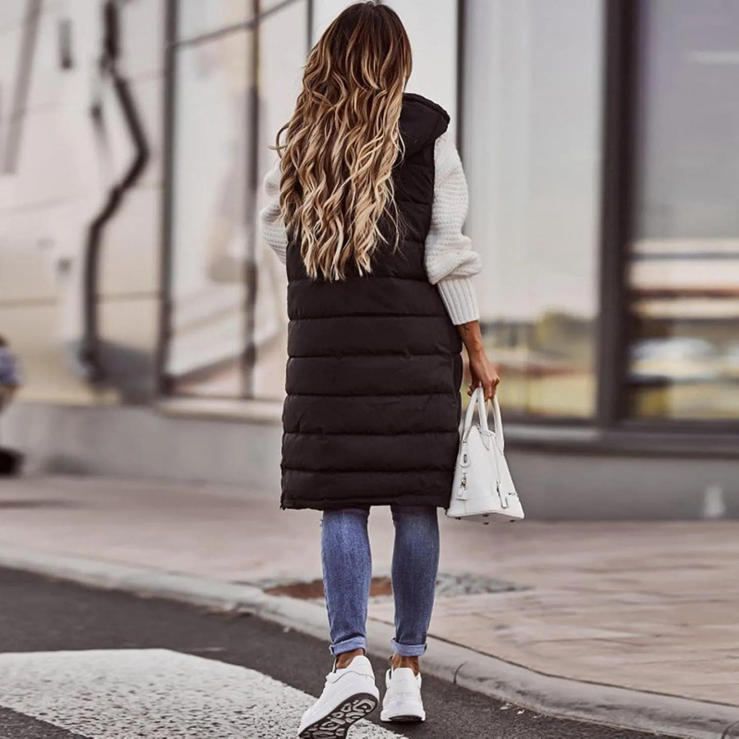 Long Puffer Vest for Women Sleveless Hoodies Quilted Vest Oversized Outdoor Puffer Down Coats Thickened Warm Jackets