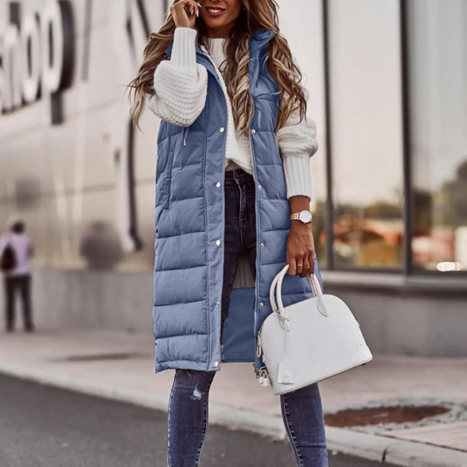 Long Puffer Vest for Women Sleveless Hoodies Quilted Vest Oversized Outdoor Puffer Down Coats Thickened Warm Jackets