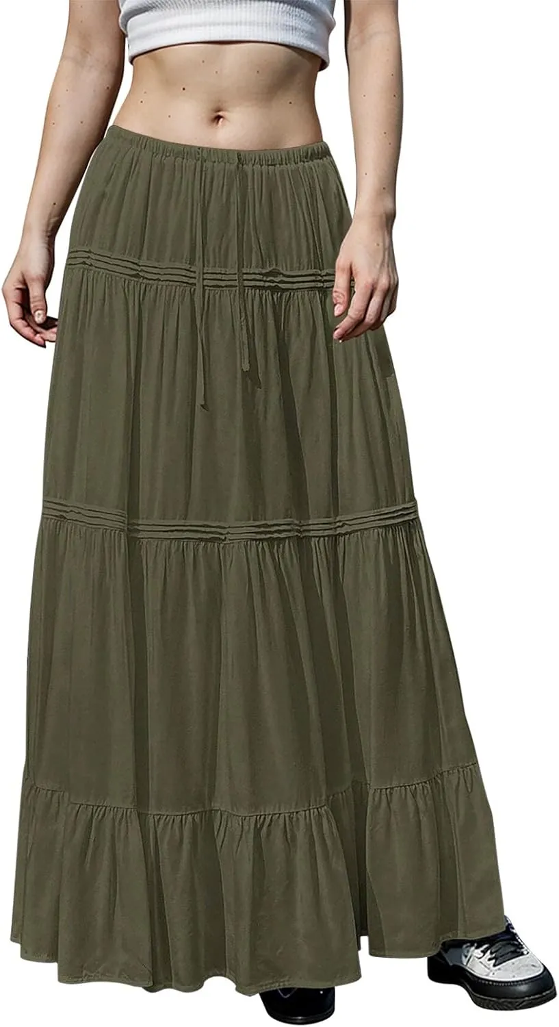 Long Skirts for Women Trendy Boho Maxi Skirt Summer Flowy Swing Tiered A-Line Elastic High Waist Dress