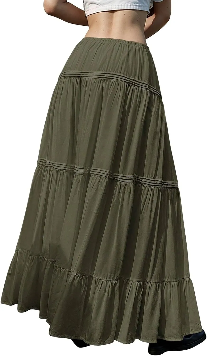 Long Skirts for Women Trendy Boho Maxi Skirt Summer Flowy Swing Tiered A-Line Elastic High Waist Dress