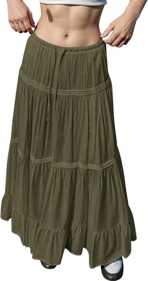 Long Skirts for Women Trendy Boho Maxi Skirt Summer Flowy Swing Tiered A-Line Elastic High Waist Dress