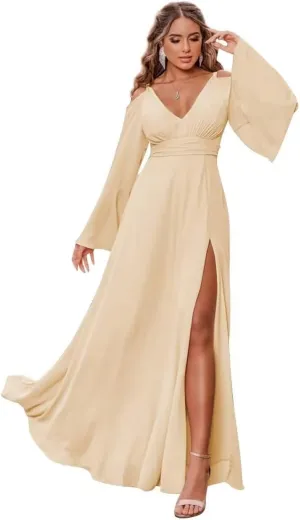 Long Sleeves Bridesmaid Dresses for Women Off Shoulder V-Neck Chiffon Prom Formal Dress with Slit