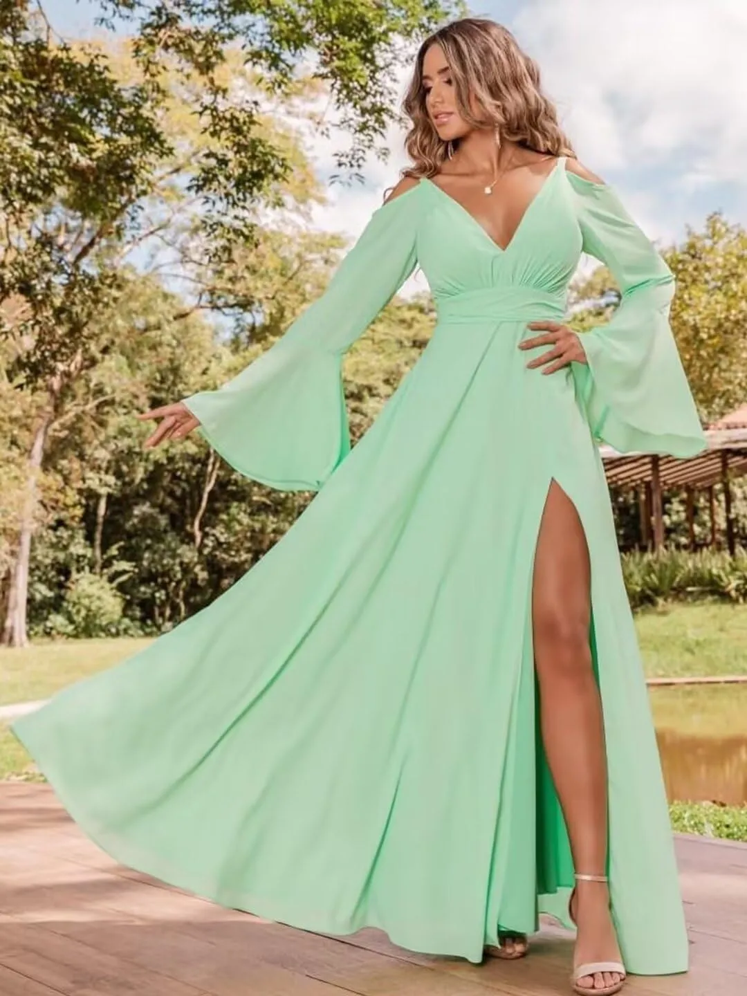 Long Sleeves Bridesmaid Dresses for Women Off Shoulder V-Neck Chiffon Prom Formal Dress with Slit
