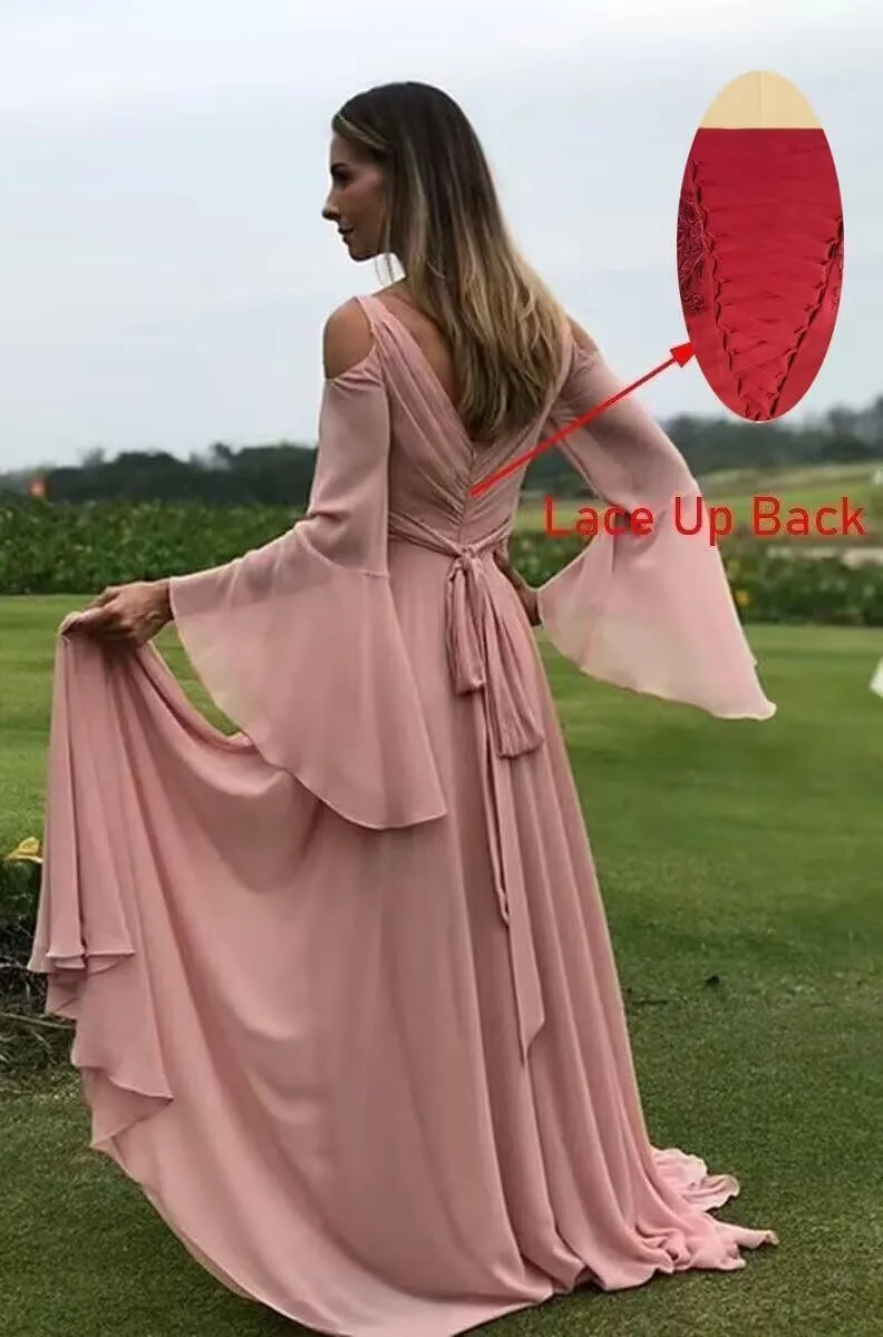 Long Sleeves Bridesmaid Dresses for Women Off Shoulder V-Neck Chiffon Prom Formal Dress with Slit