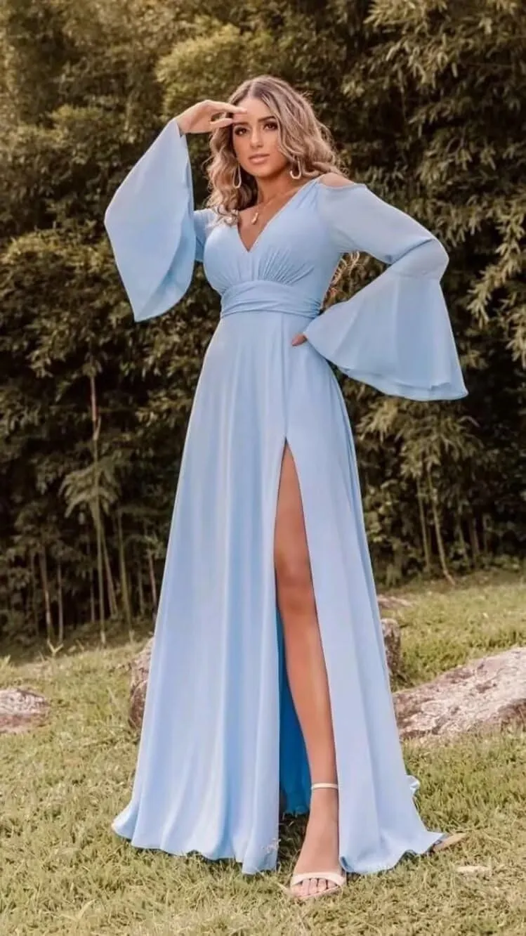 Long Sleeves Bridesmaid Dresses for Women Off Shoulder V-Neck Chiffon Prom Formal Dress with Slit