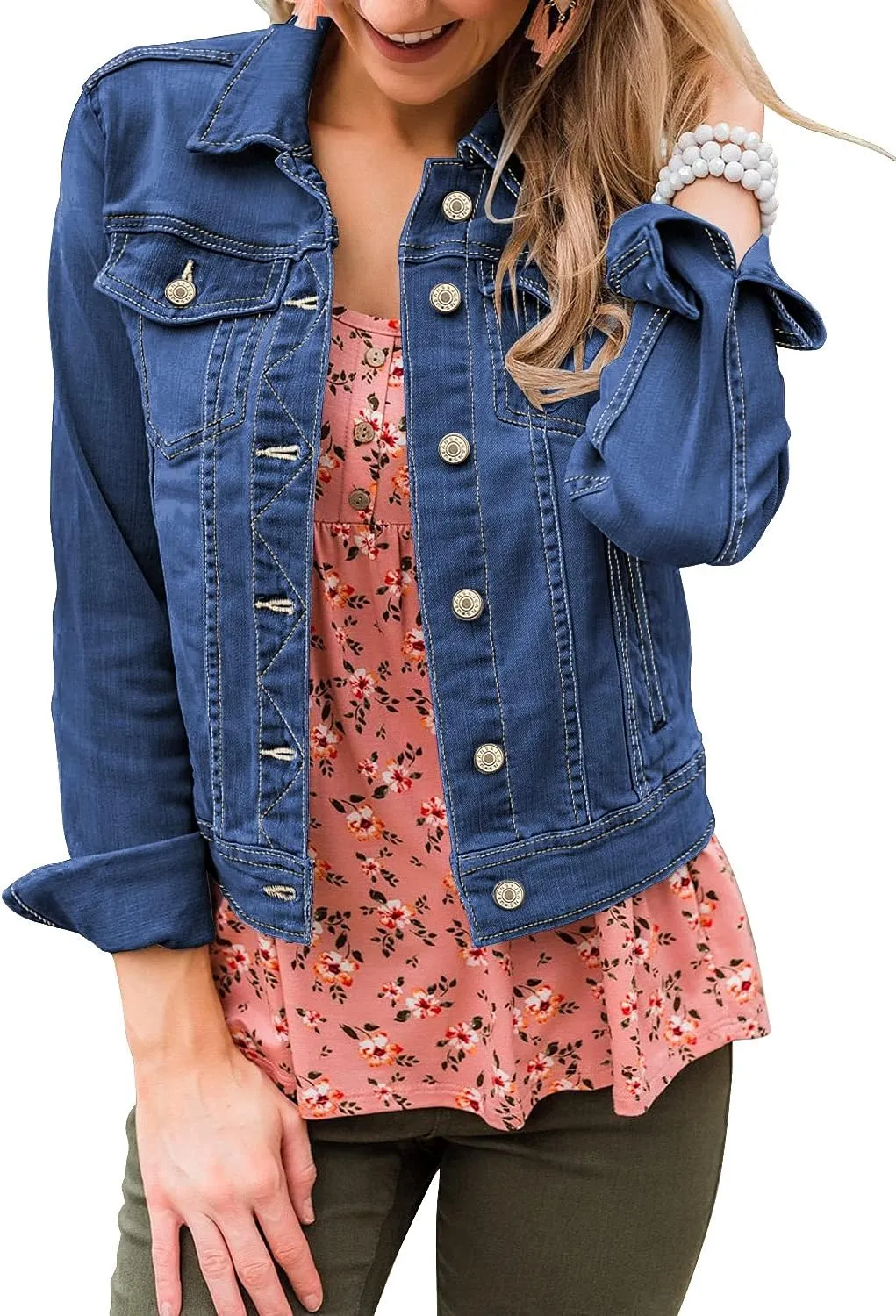 LookbookStore Women's Basic Long Sleeves Button Down Fitted Denim Jean Jackets