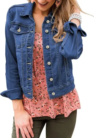 LookbookStore Women's Basic Long Sleeves Button Down Fitted Denim Jean Jackets