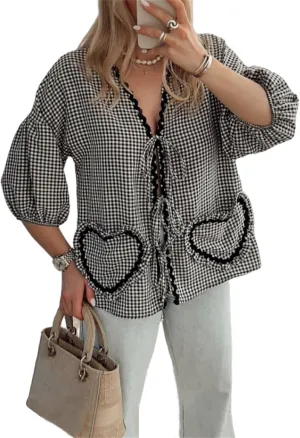 Love Heart Embroidery Peplum Blouse for Women Short Puff Sleeve Tie Front Shirt Y2k Girls Cute Babydoll Blouse