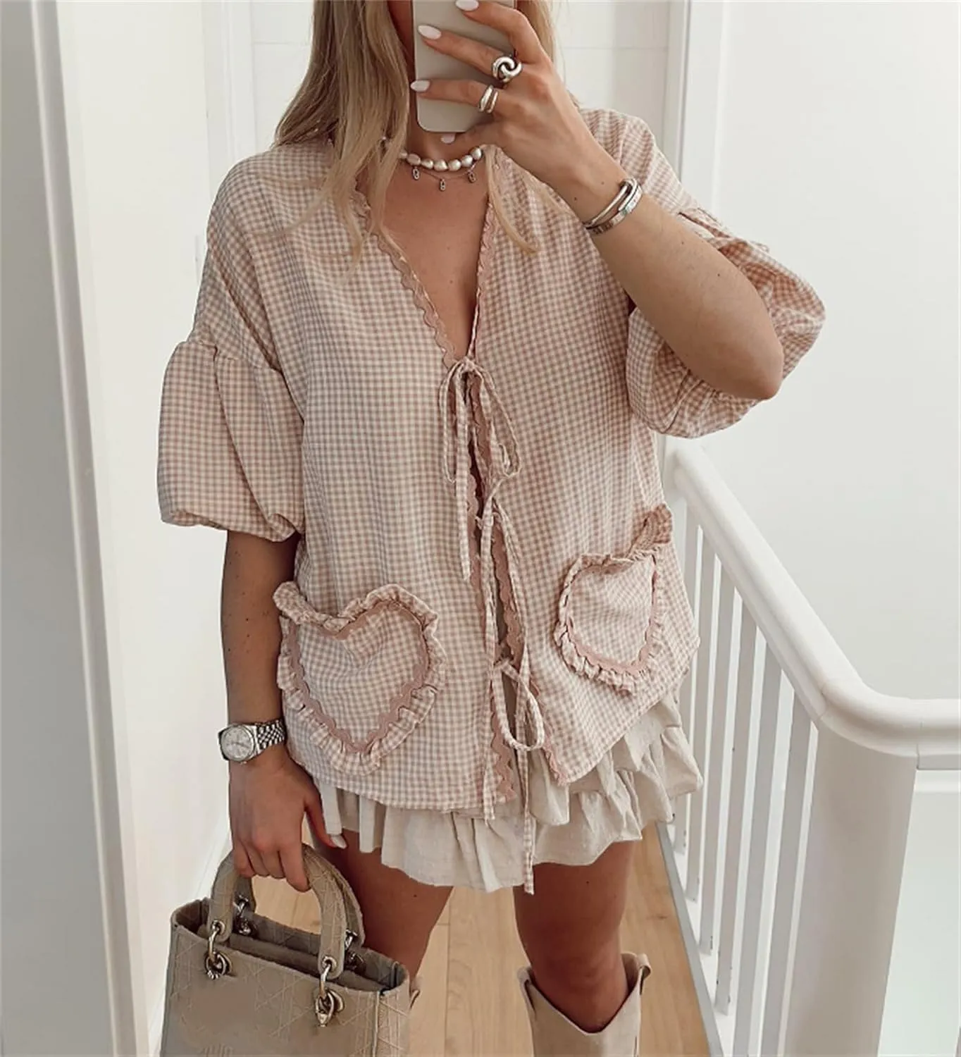 Love Heart Embroidery Peplum Blouse for Women Short Puff Sleeve Tie Front Shirt Y2k Girls Cute Babydoll Blouse