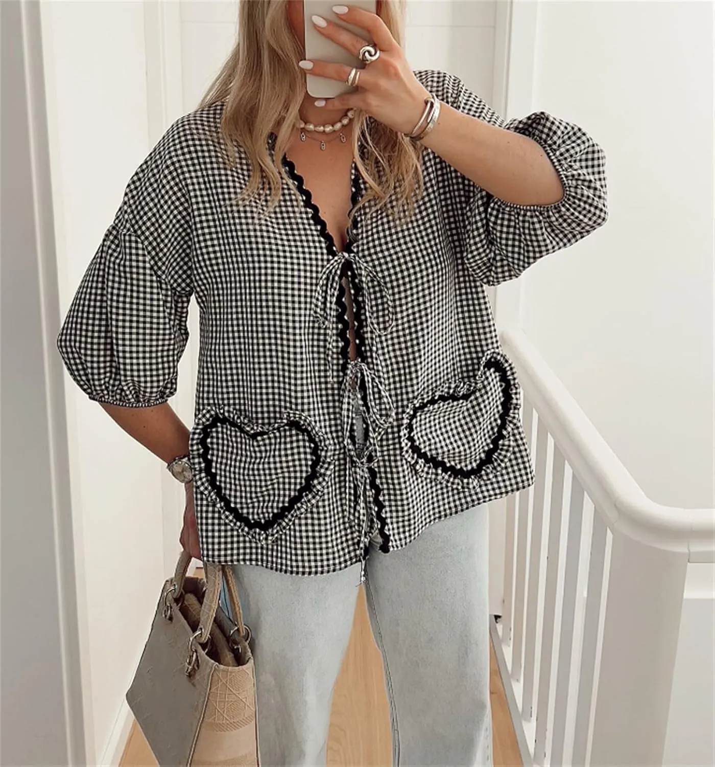 Love Heart Embroidery Peplum Blouse for Women Short Puff Sleeve Tie Front Shirt Y2k Girls Cute Babydoll Blouse
