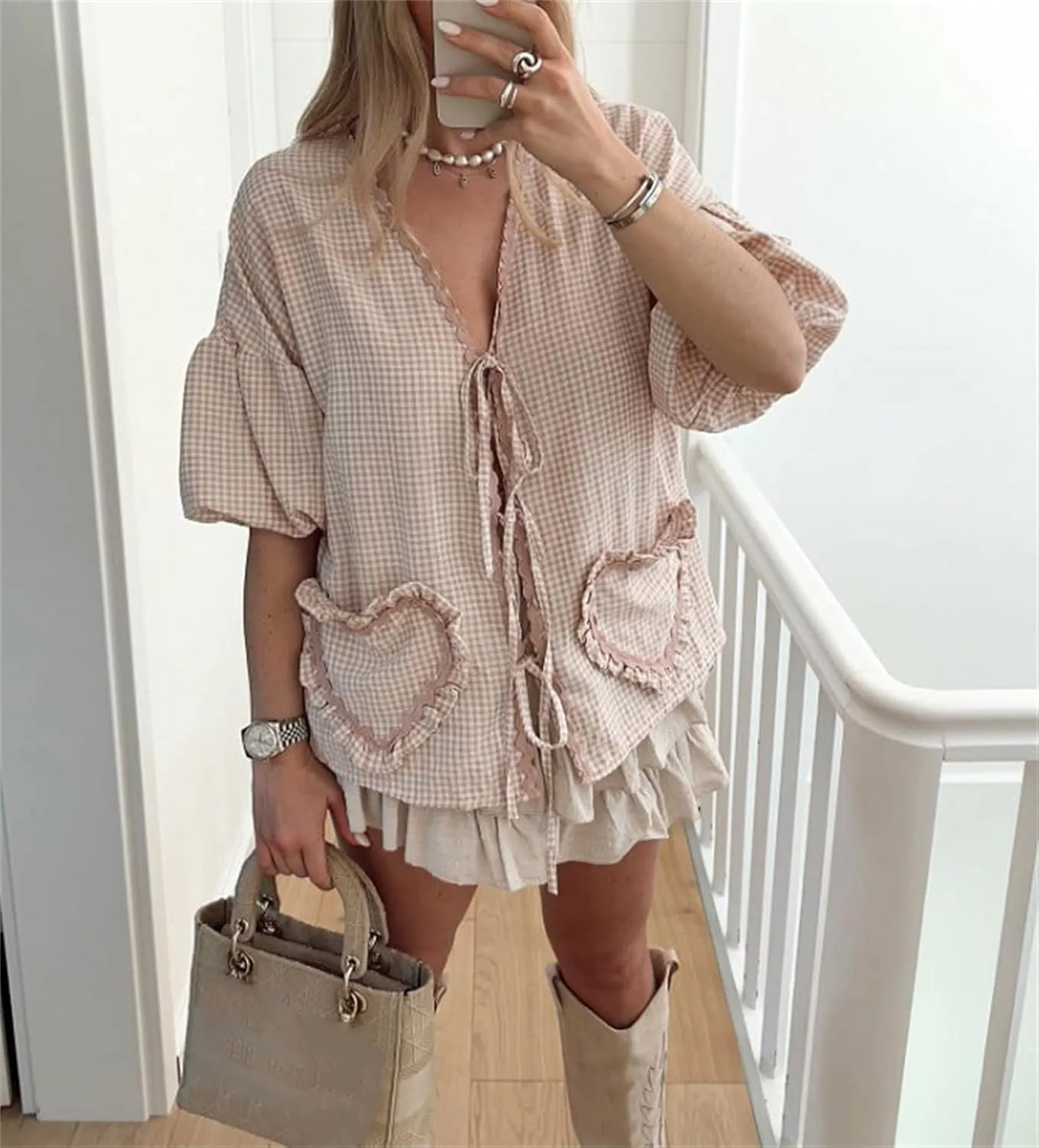 Love Heart Embroidery Peplum Blouse for Women Short Puff Sleeve Tie Front Shirt Y2k Girls Cute Babydoll Blouse