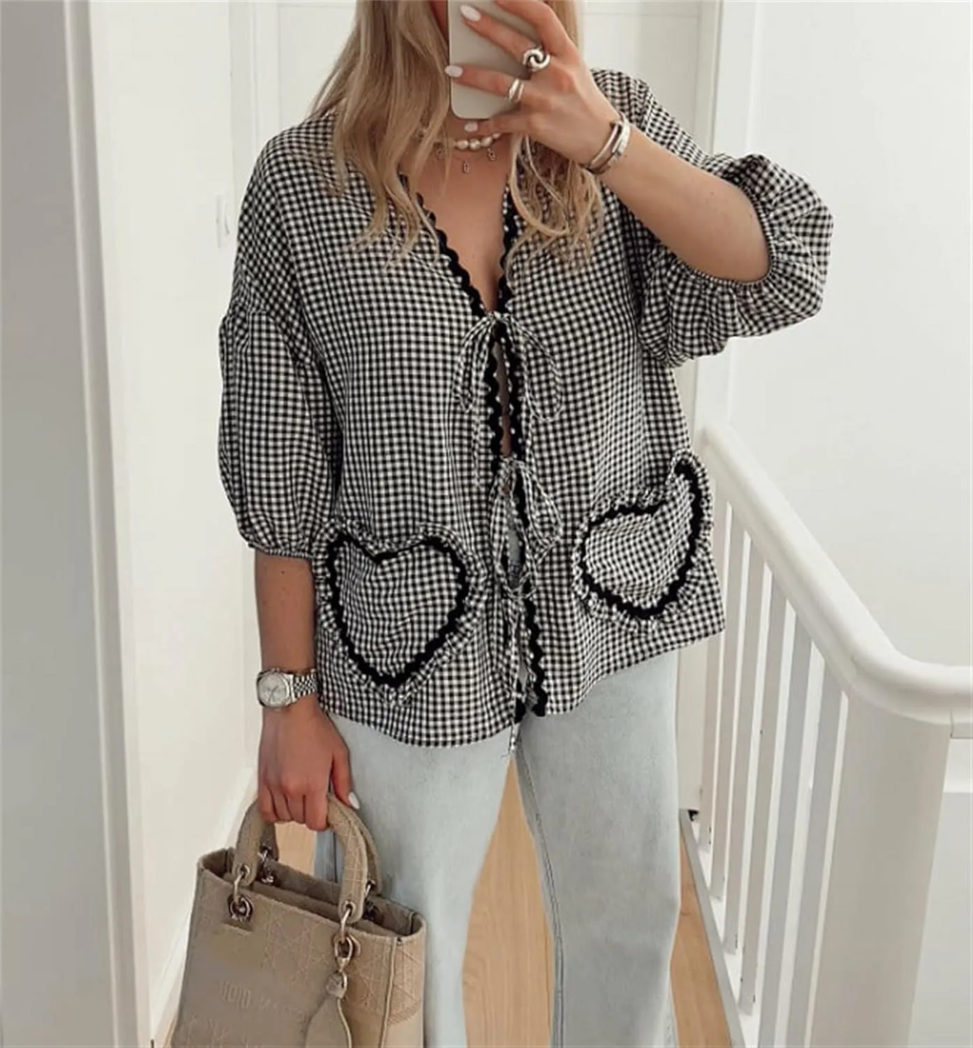 Love Heart Embroidery Peplum Blouse for Women Short Puff Sleeve Tie Front Shirt Y2k Girls Cute Babydoll Blouse